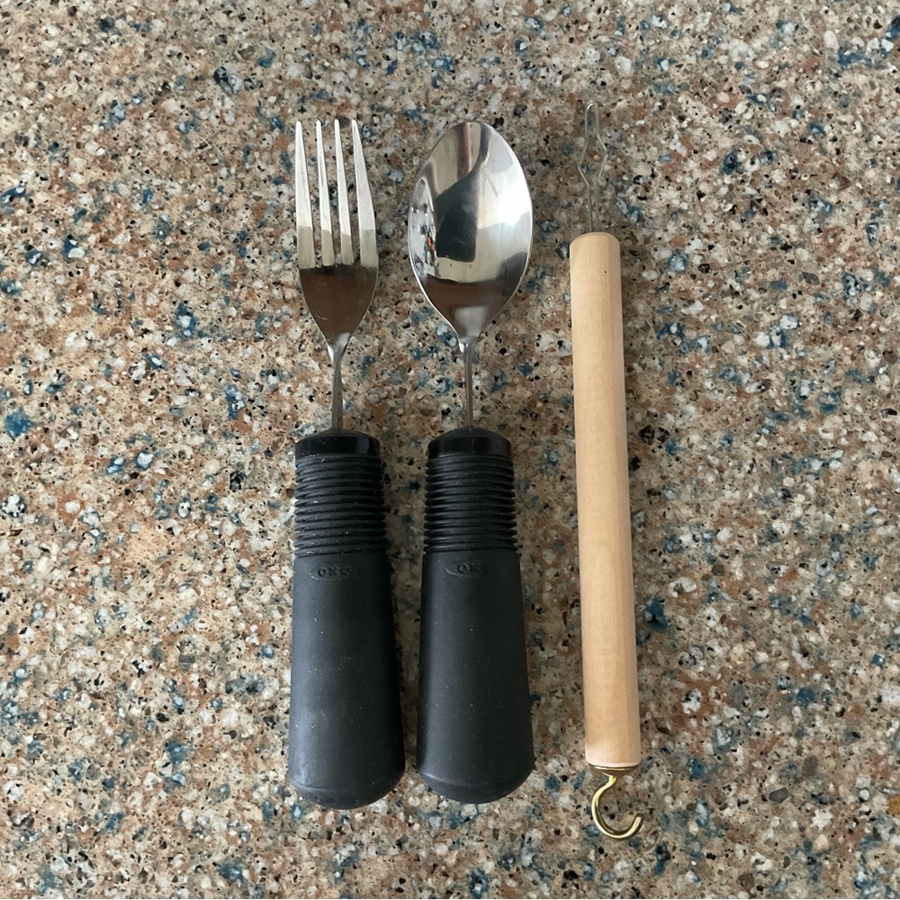 Oxo handicapped fork spoon button assist disabled elderly arthritis